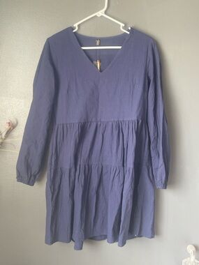 Navy Linen Babydoll Mini Dress Long Sleeve Tiered Boho Casual Size S NWT